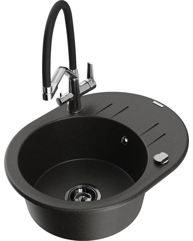 Mexen Kevin chiuvetă de granit cu o singură cuvă cu baterie de bucătărie Duo, negru/auriu metalic - 6517-75-671701-07-B