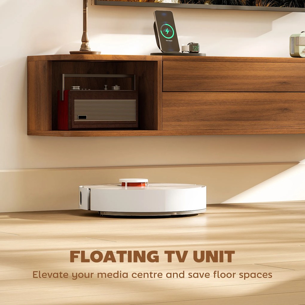 HOMCOM Suport TV suspendat până la 50" cu prize de curent, USB și tip C, sertar și rafturi, 120x24x22.4 cm, Nuc | Aosom Romania