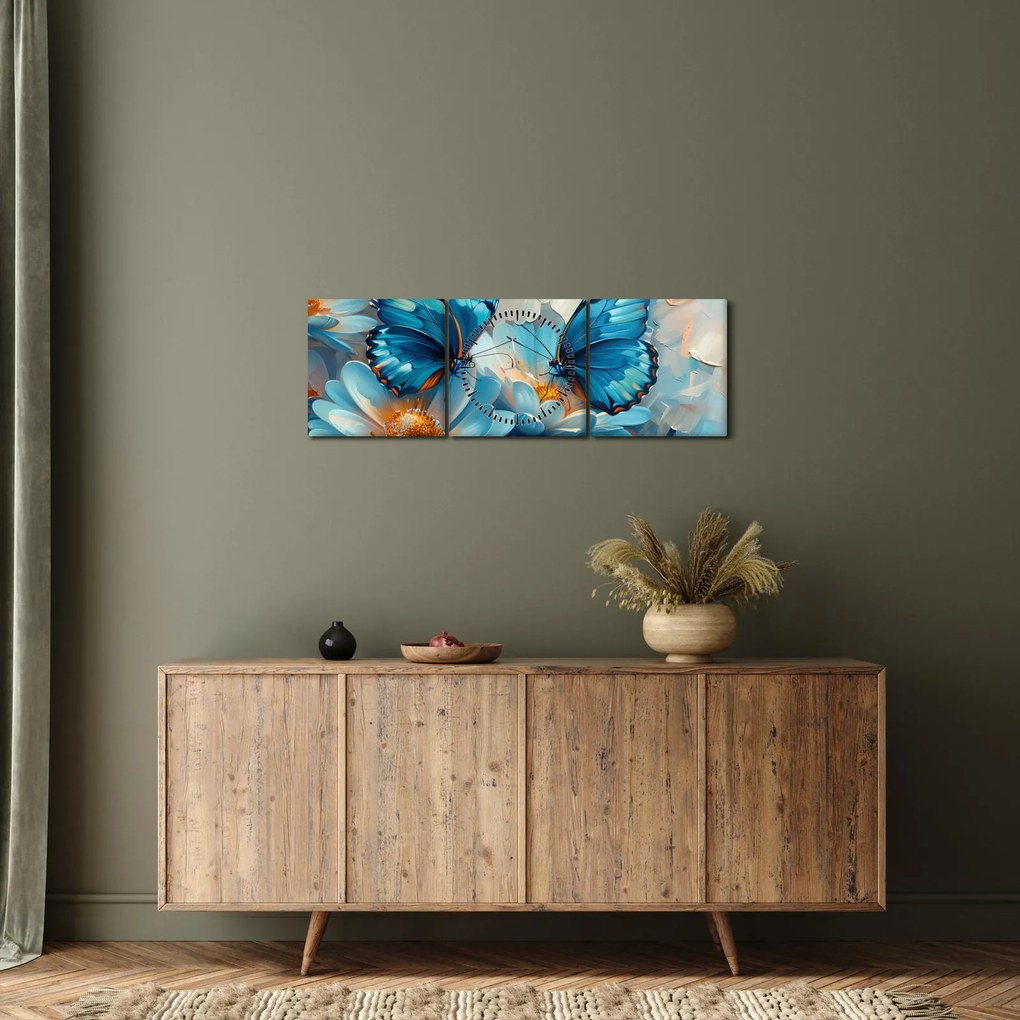 Tablou - Fluturi albaștri (cu ceas) (90x30 cm)