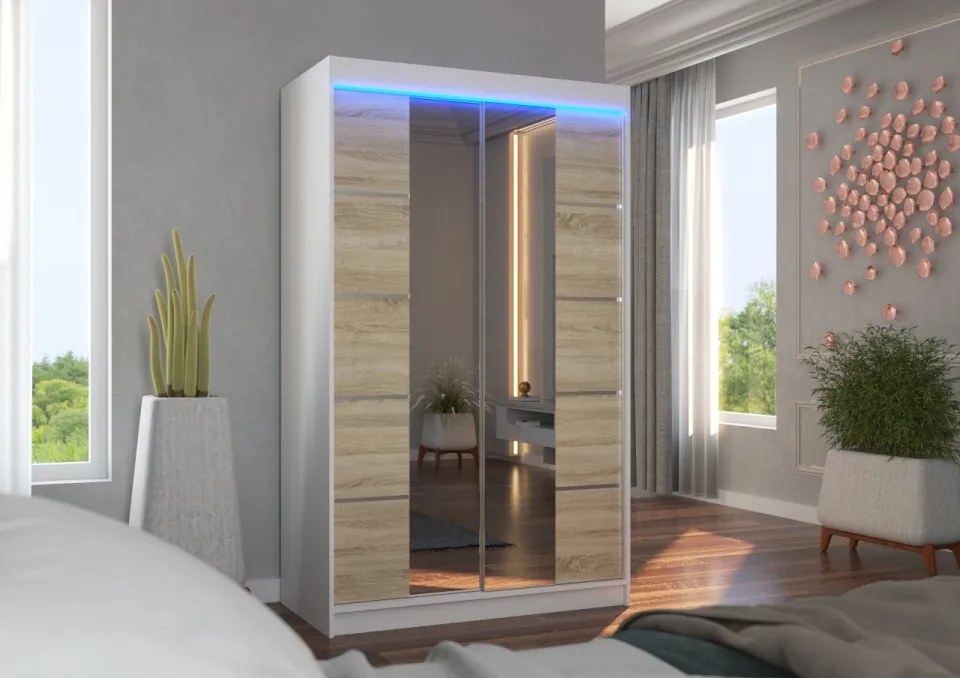 Dulap cu usi glisante si oglinda + iluminare LED, Genua 120 + LED, 120 cmx200 cmx58 cm, ADRK Furniture (Culoare: Alb / Negru)