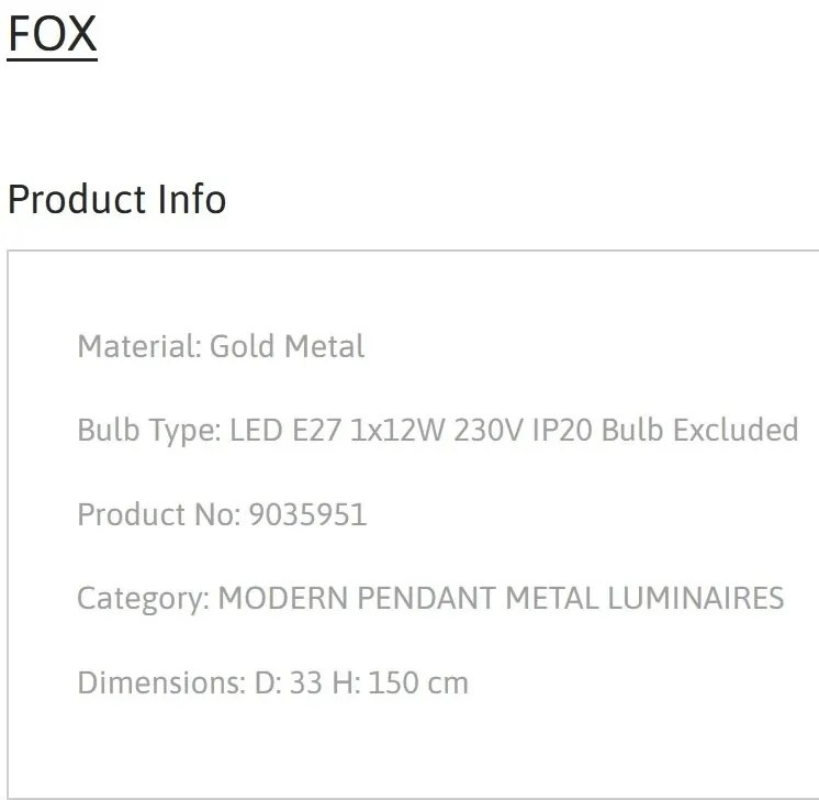 Lustra /Pendul metalic design modern FOX auriu