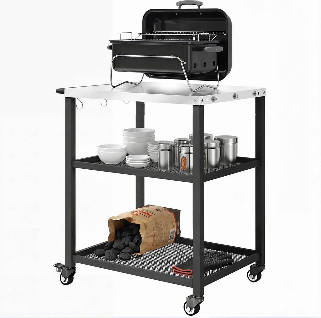 Outsunny Cărucior pentru grătar cu 3 niveluri mobil cu roți și frână Blat din oțel inoxidabil Raft reglabil Cârlige Negru | Aosom Romania