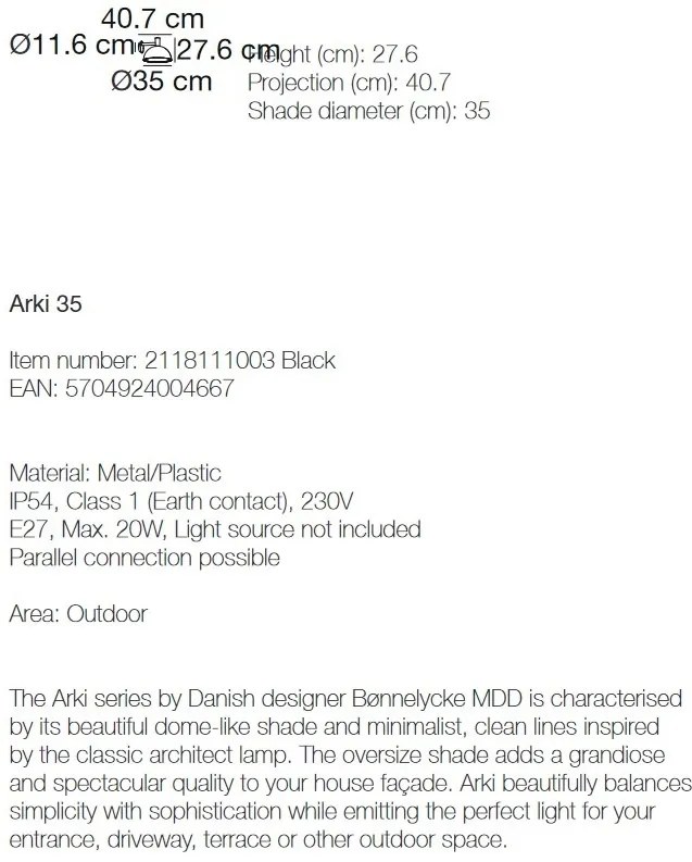 Aplica de perete pentru ilumninat exterior IP54, Arki 35 negru 2118111003 NL