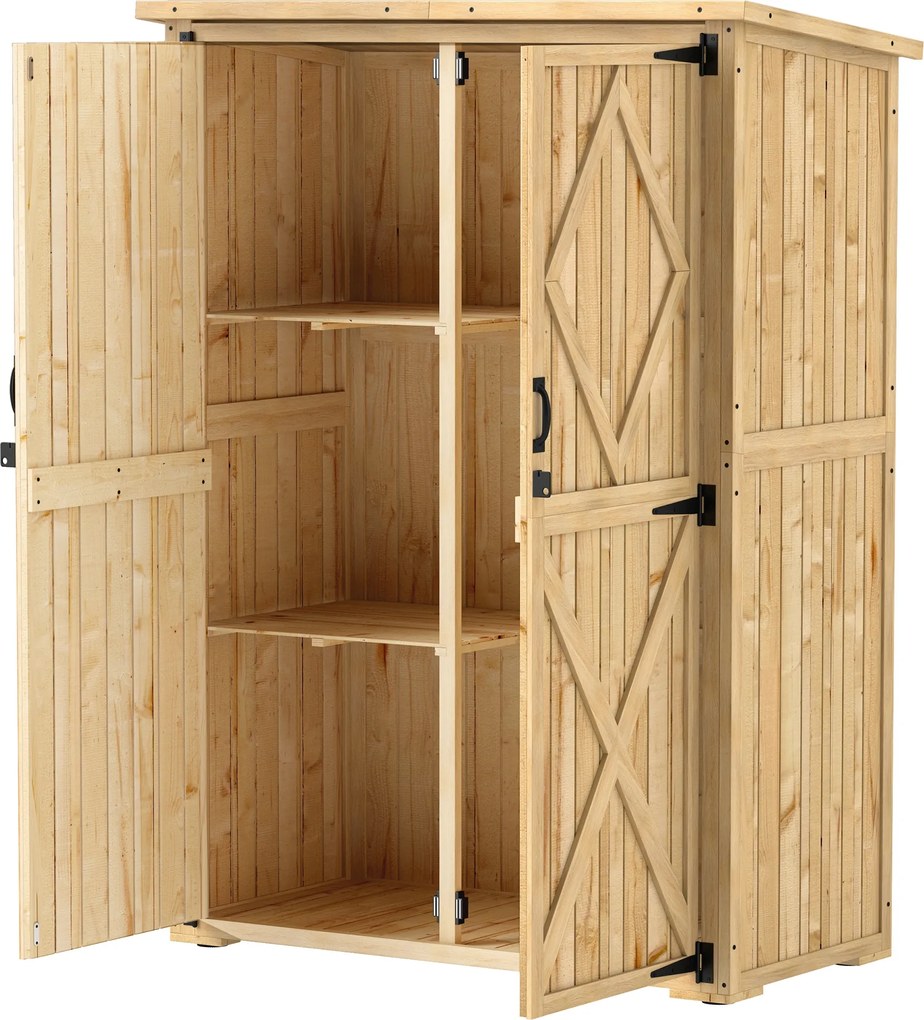 Outsunny Magazie pentru grădină, magazie din lemn pentru unelte și echipamente de grădină, acoperiș din asfalt, uși duble, lemn de brad, maro deschis | Aosom Romania