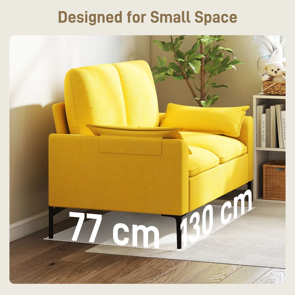 HOMCOM Divan cu Două Locuri Îmbunătățit în Material Textil de Tip Spugna cu Perne Detașabile, Divan Compact Modern cu Brațe și Picioare Metalice pentru Sufragerie, Dormitor, 130x77x84 cm, Galben | Aosom Romania