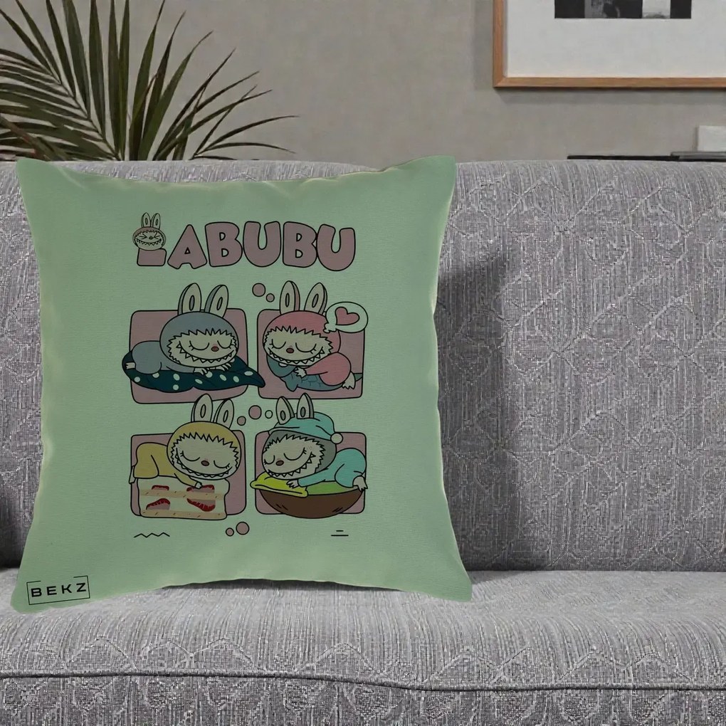 Perna Personalizata Labubu Sleeping Quad Grid, 40x40 cm, Verde, Husa Detasabila, Perna Inclusa, BEKZ®