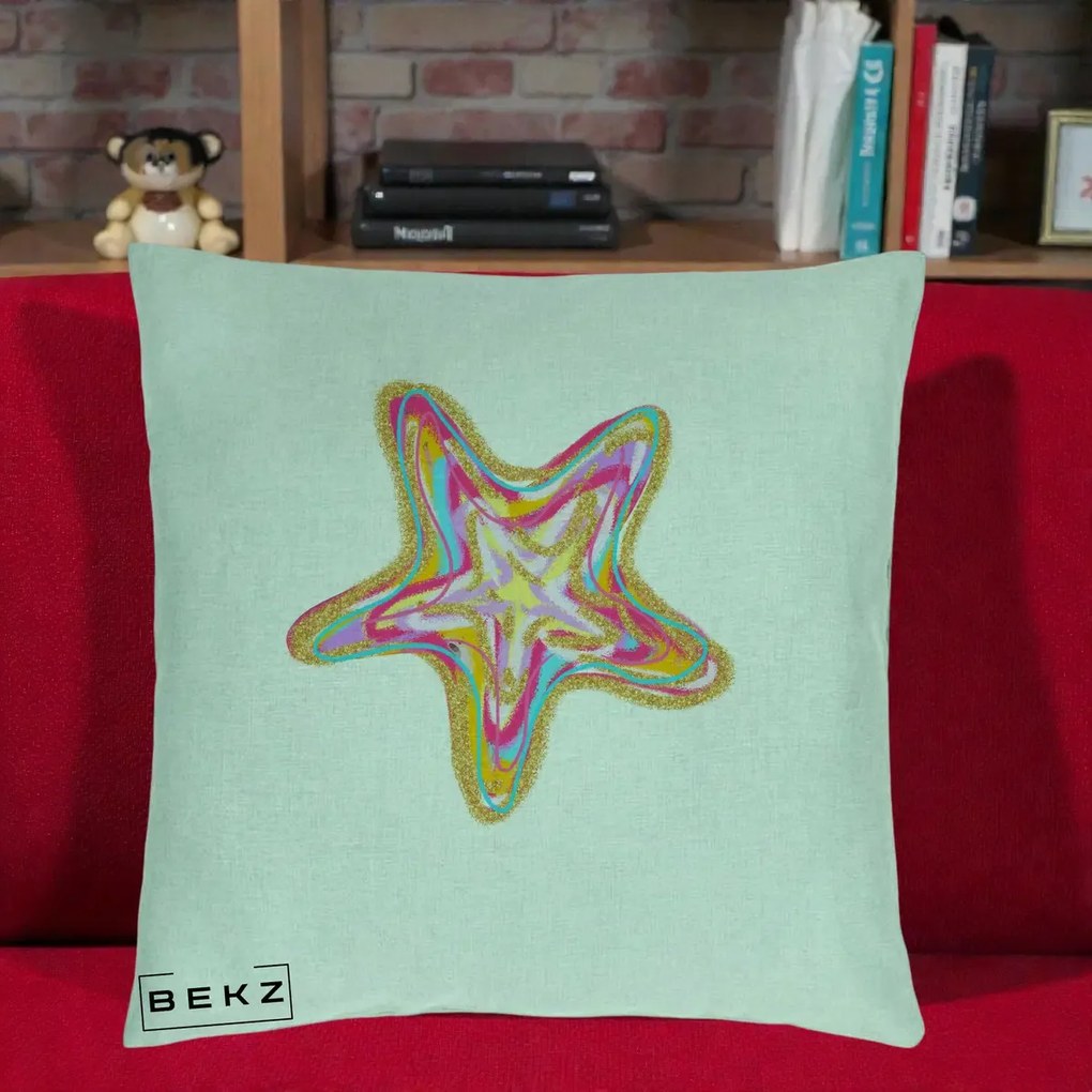 Perna Decorativa Stea de Mare Neon Curcubeu, 40x40 cm, Verde Menta, Husa Detasabila, Perna Inclusa, BEKZ®