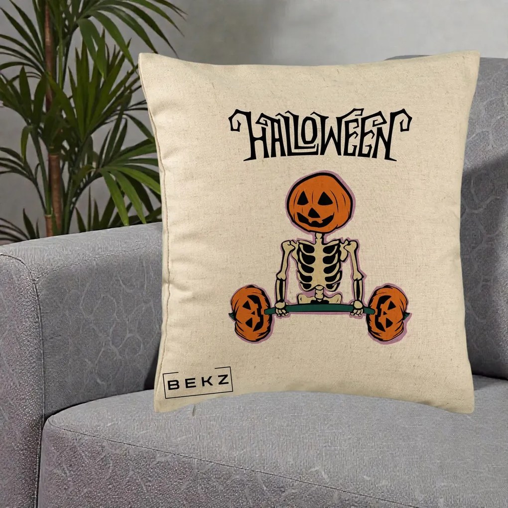 Perna Decorativa Halloween Schelet cu Cap de Dovleac Powerlifting, 40x40 cm, Bej, Husa Detasabila, Perna Inclusa, BEKZ®