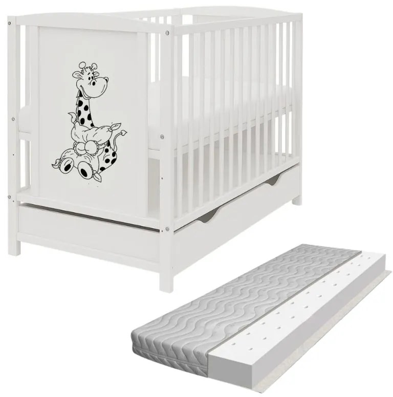 Patut din lemn masiv 120x60 cm Bria alb cu sertar si saltea antialergica cu ventilatie Air 120x60x10 cm, reglabil pe 3 nivele, certificat EN71