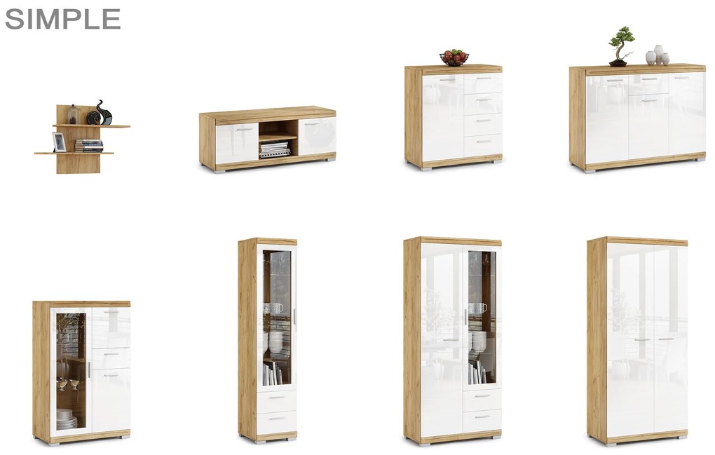Mazzoni Comodă înaltă SIMPLE KWD2SZ2 Stejar Craft Auriu/Alb Luciu - VITRINĂ LIVING DULAP CU RAFTURI