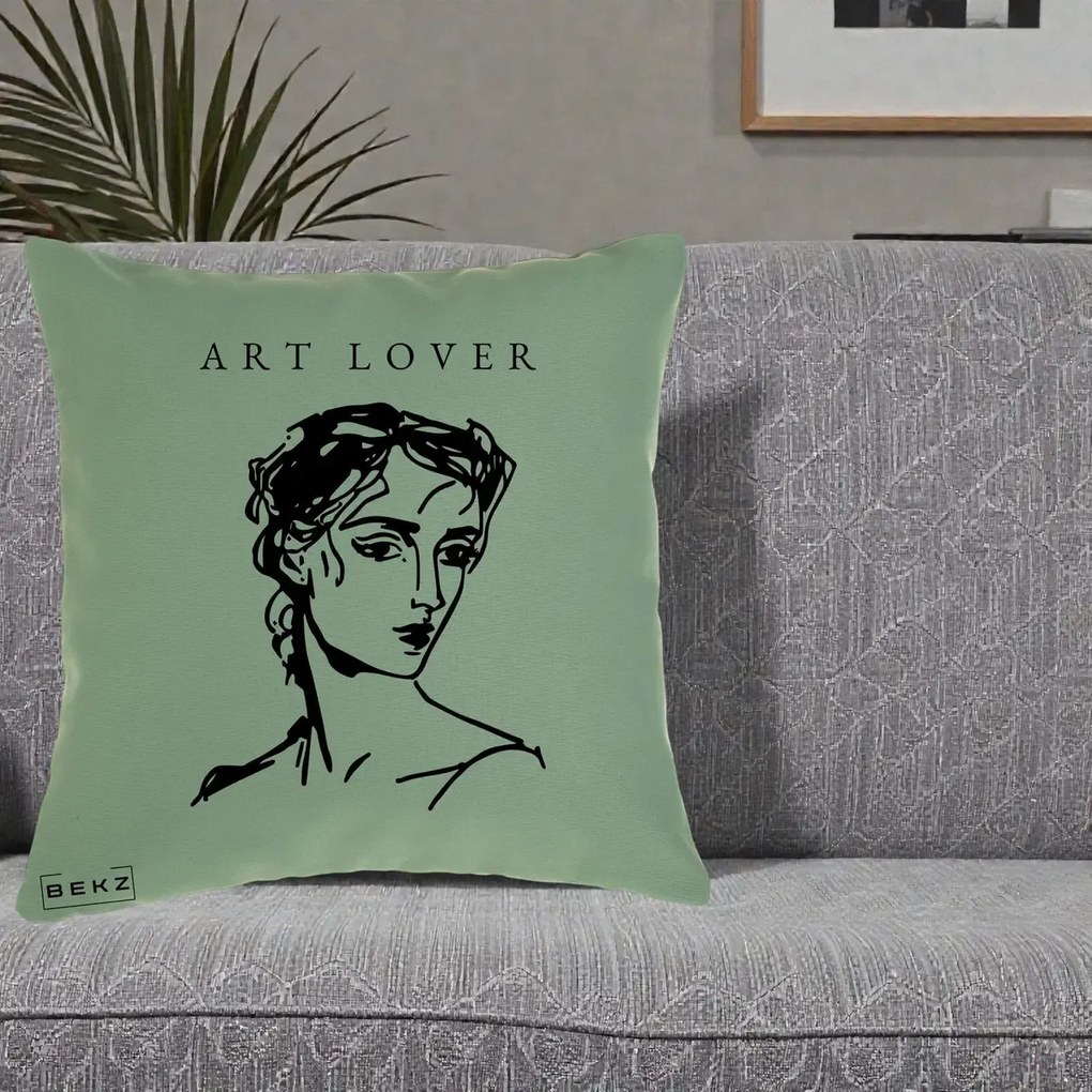 Perna Decorativa Art Lover Portret Grafic, 40x40 cm, Verde, Husa Detasabila, Perna Inclusa, BEKZ®