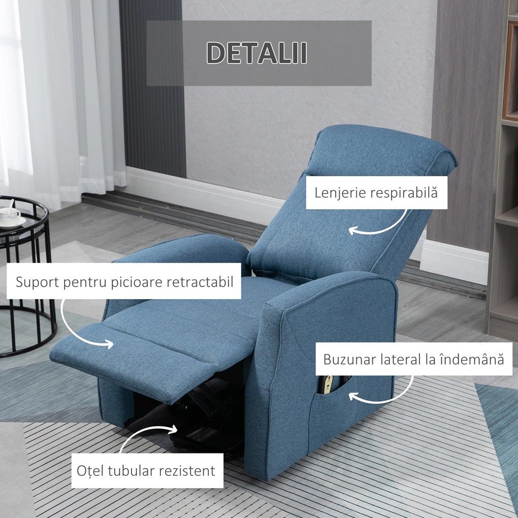 HOMCOM Fotoliu Recliner cu 8 Puncte de Masaj, Rabatabil la 135° cu Suport pentru Picioare, 74,5x87,5x110 cm, Albastru | Aosom Romania