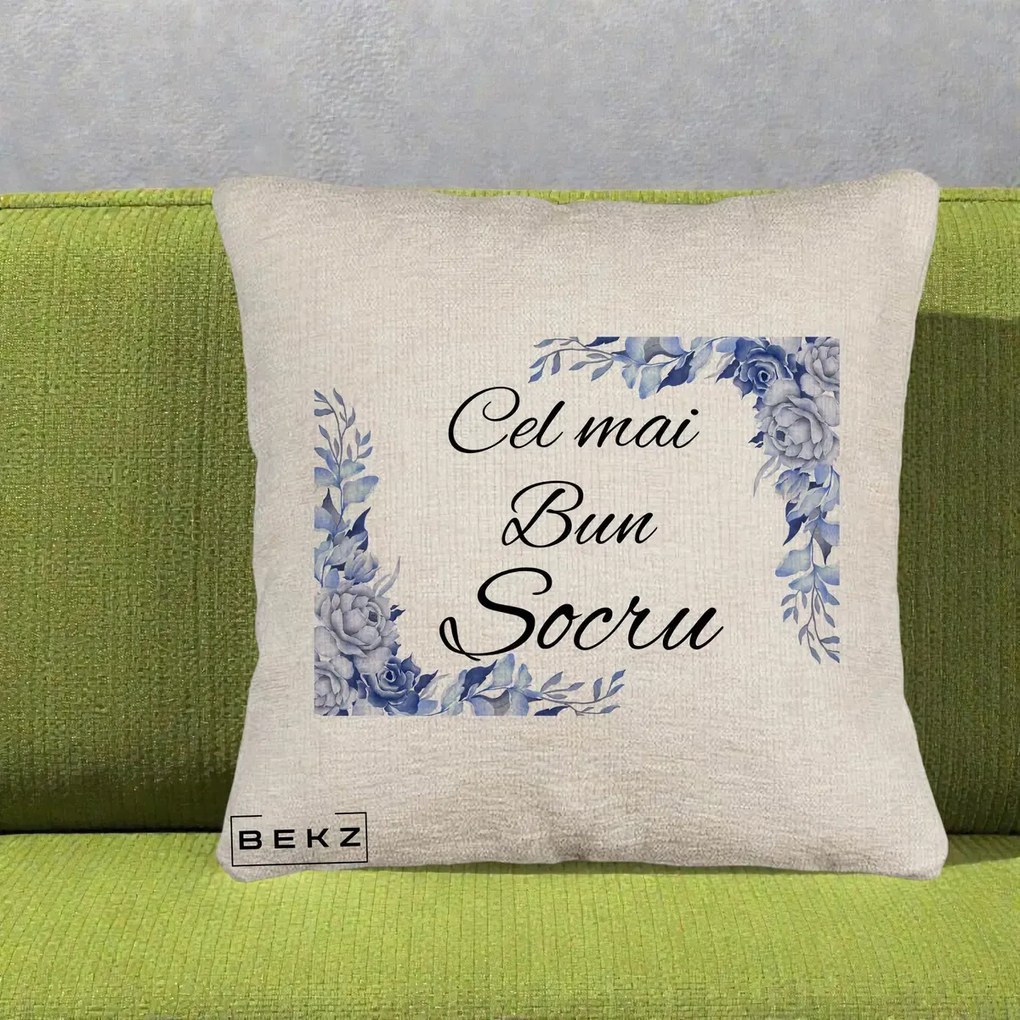 Cadou pentru Socru - Perna Personalizata Cel mai Bun Socru cu Flori Albastre Acuarela, 40x40 cm, Bej Canapea, Husa Detasabila, Perna Inclusa, BEKZ®