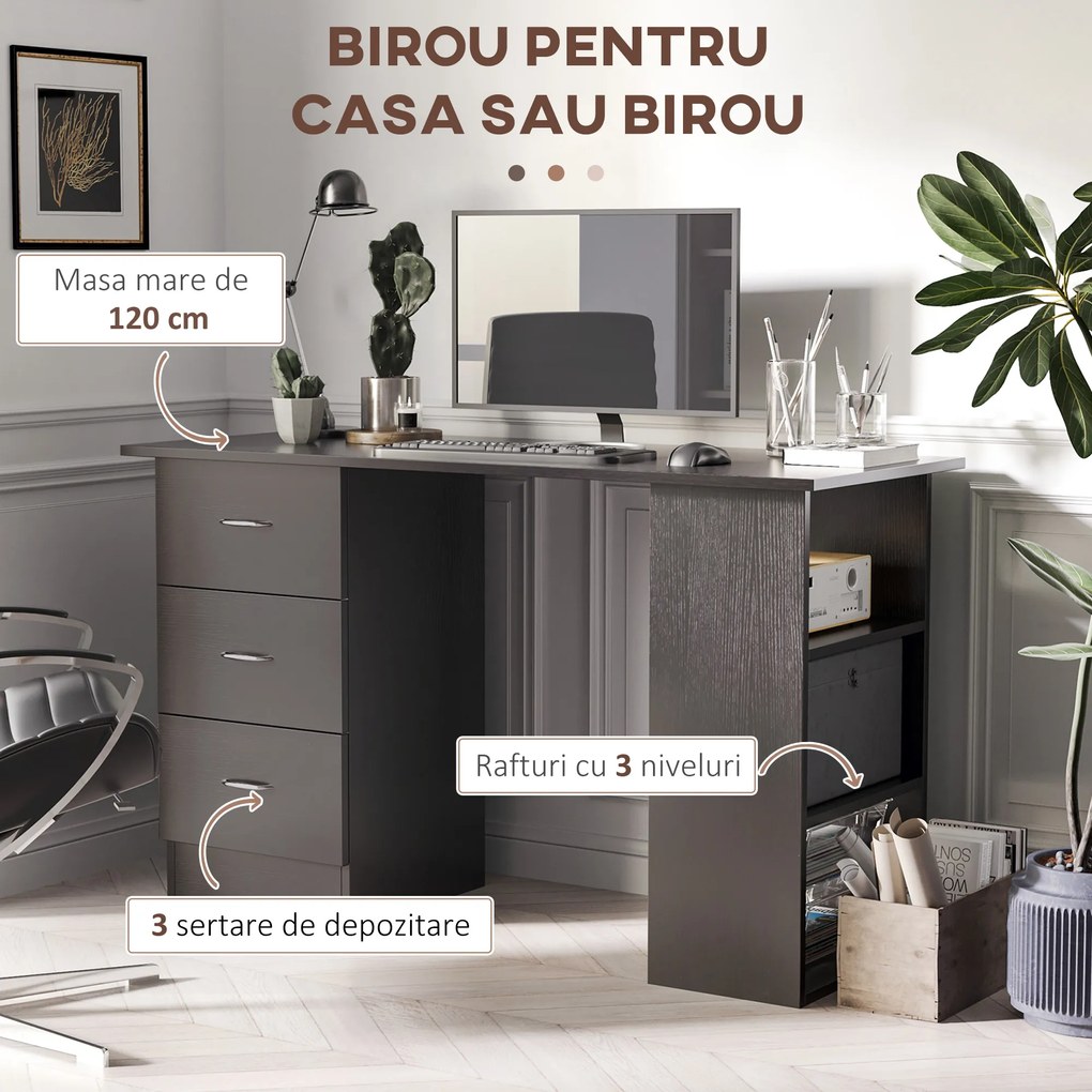 HOMCOM Birou de Calculator Modern, Masa de Lucru cu 3 Sertare și Raft pentru Depozitare, Design Elegant, Negru | Aosom Romania