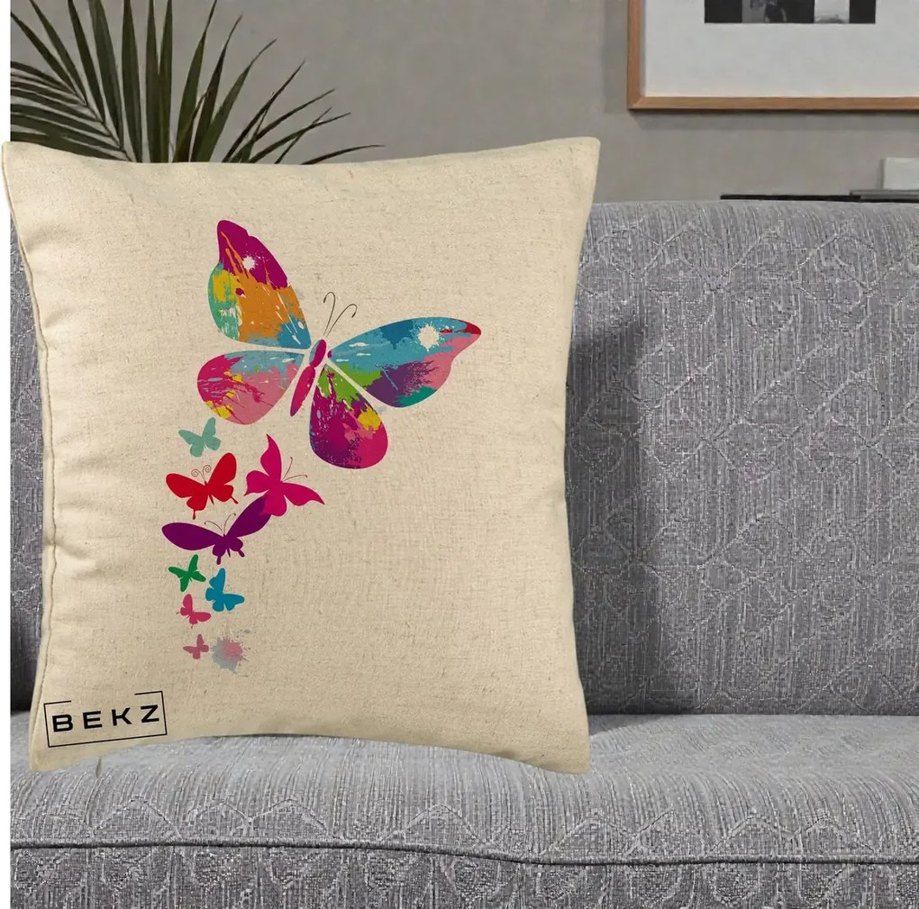 Perna Decorativa Fluturi Splash, 40x40 cm, Bej, Husa Detasabila, Perna Inclusa, BEKZ®