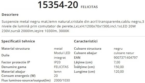 Lustra suspendata LED, design modern, Felicitas 15354-20 GL