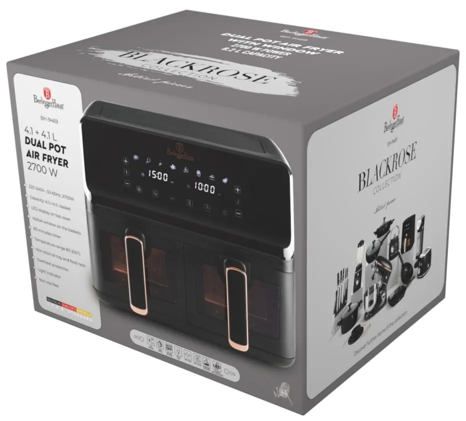 Friteuza cu aer cald dubla, airfryer 4.1 + 4.1 Black Rose Berlinger Haus BH 9469