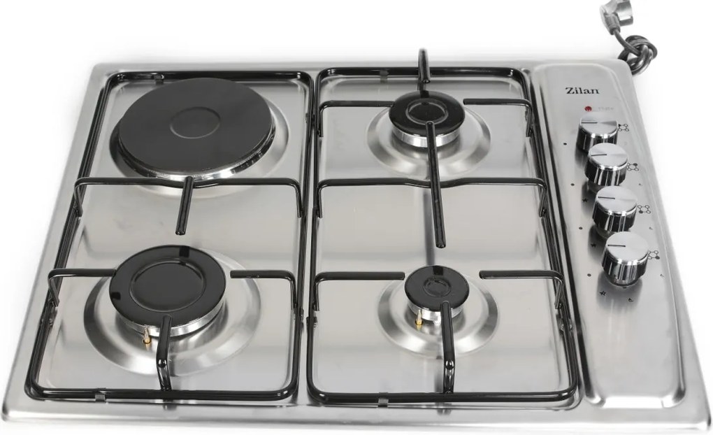 Plita incorporabila Zilan ZLN1918 GPL si Gaz natural 58x50 cm, 3 ochiuri, 1 ochi electric, duze de schimb incluse, aprindere electrica, Inox