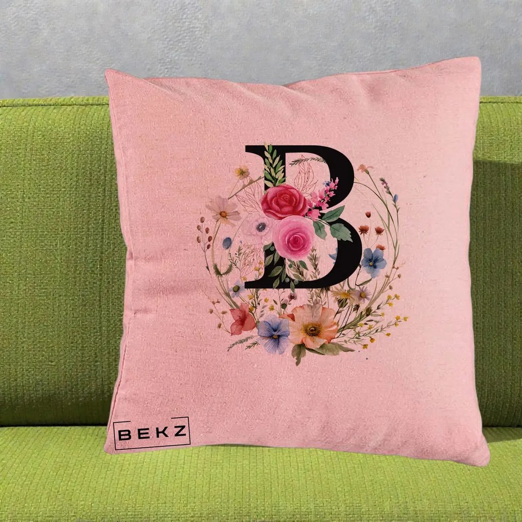 Cadou Personalizat - Perna Personalizata Monogram Litera B cu Flori Acuarela, 40x40 cm, Roz, Husa Detasabila, Perna Inclusa, BEKZ®