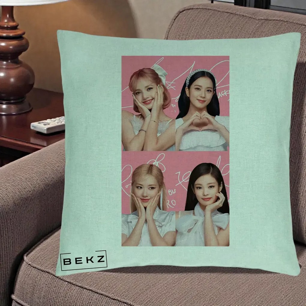 Perna Personalizata K-pop BLACKPINK Colaj Roz, 40x40 cm, Verde Menta, Husa Detasabila, Perna Inclusa, BEKZ®