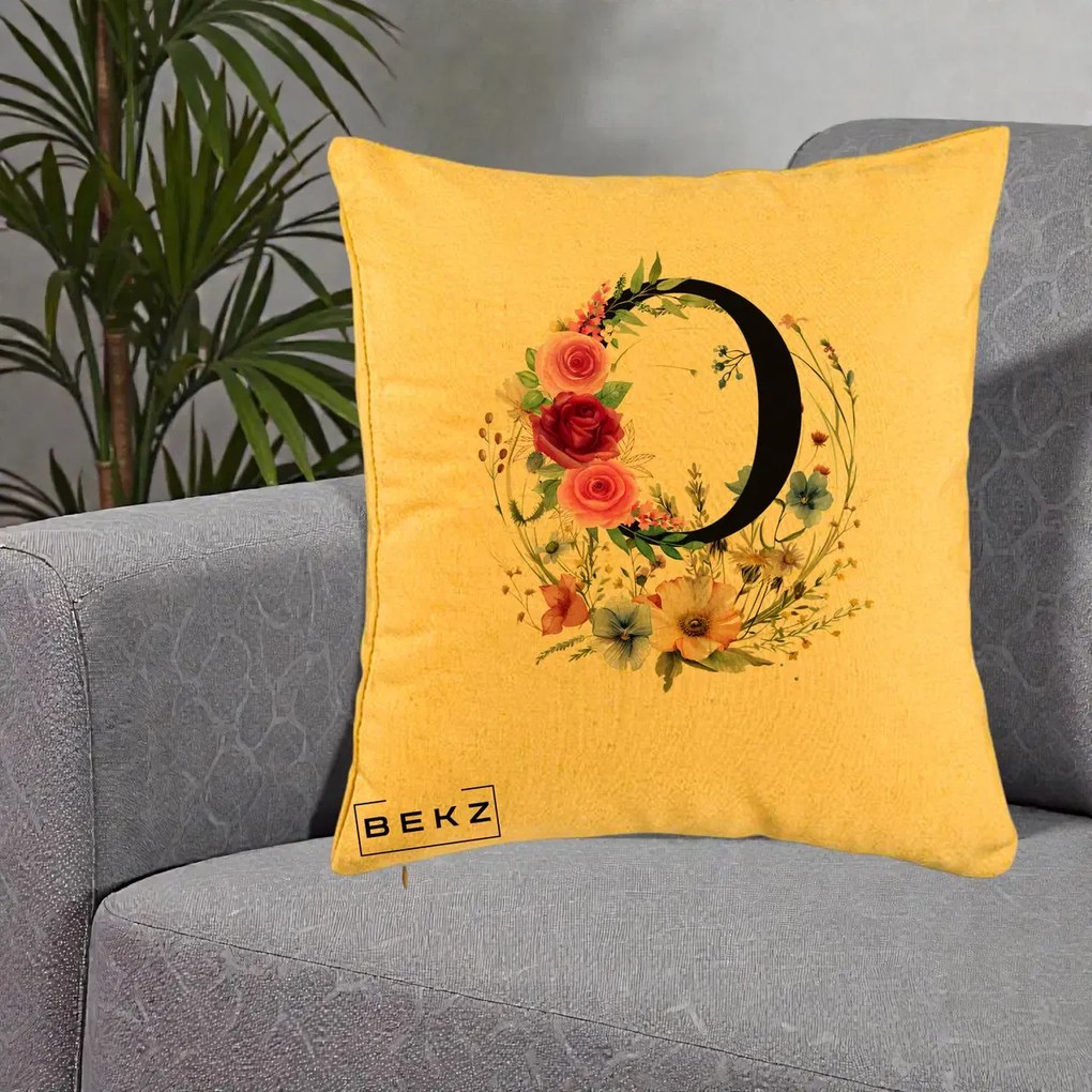Cadou Personalizat - Perna Personalizata Monogram Litera O cu Flori Acuarela, 40x40 cm, Galben, Husa Detasabila, Perna Inclusa, BEKZ®