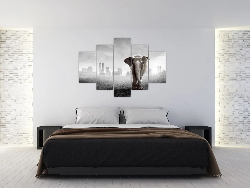 Tablou - Elefanți în oraș, versiunea alb-negru (150x105 cm)