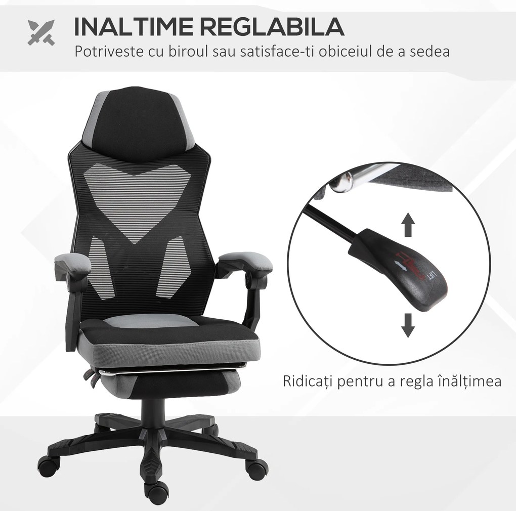 Vinsetto Scaun de Birou Ergonomic Reclinabil cu Suport Picioare Retractabil, Gri | Aosom Romania