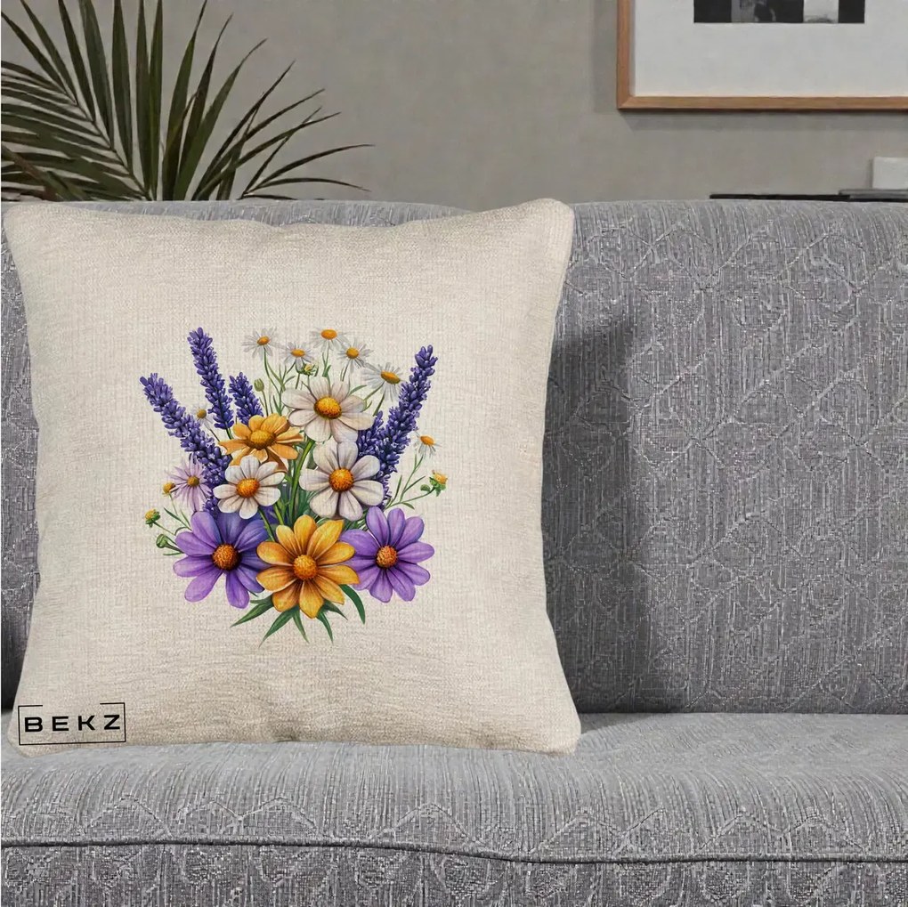 Perna Decorativa Lavanda Musetel si Flori Mov, 40x40 cm, Bej Canapea, Husa Detasabila, Perna Inclusa, BEKZ®