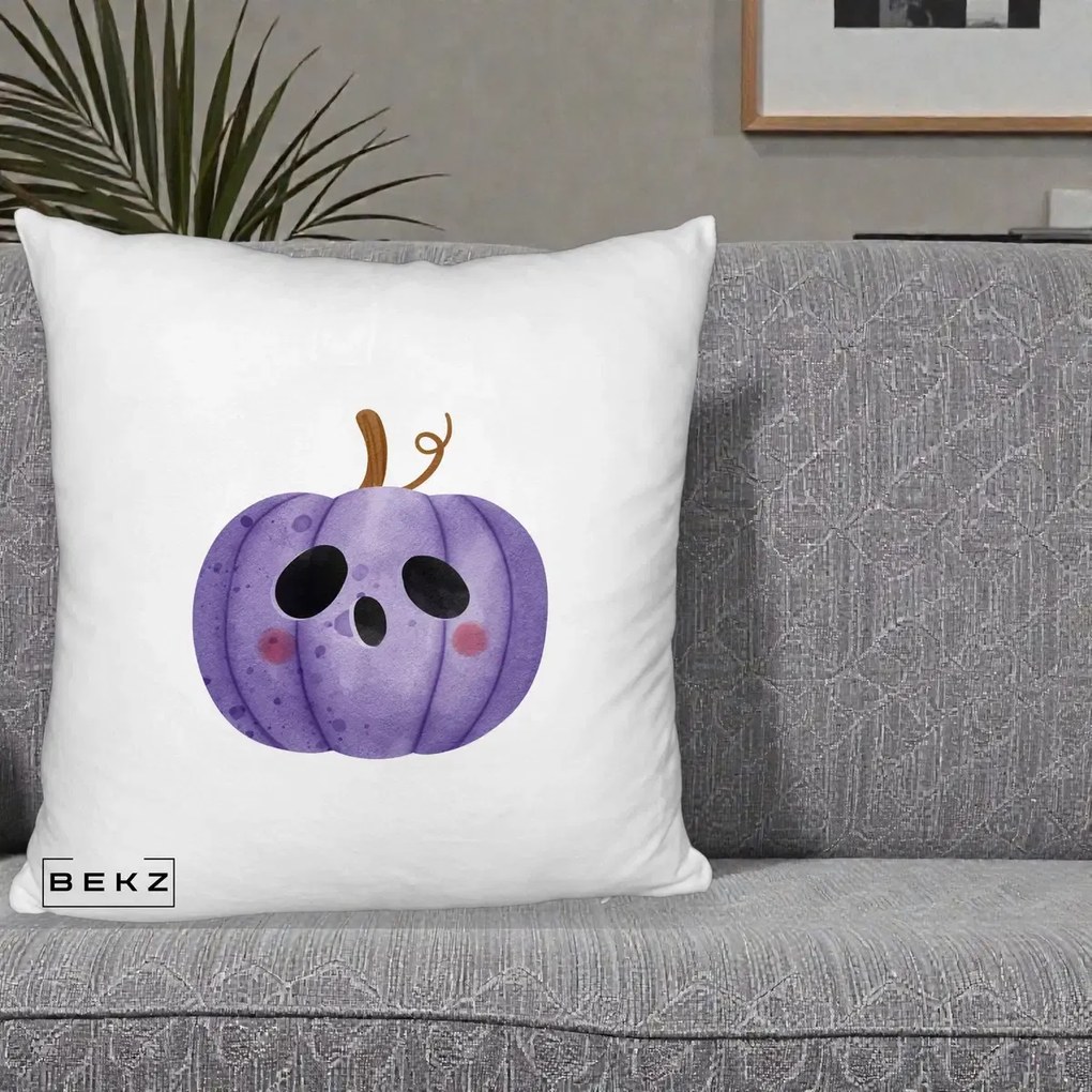 Perna Decorativa Dovleac Halloween Mov Kawaii, 40x40 cm, Alb Pufos, Husa Detasabila, Perna Inclusa, BEKZ®