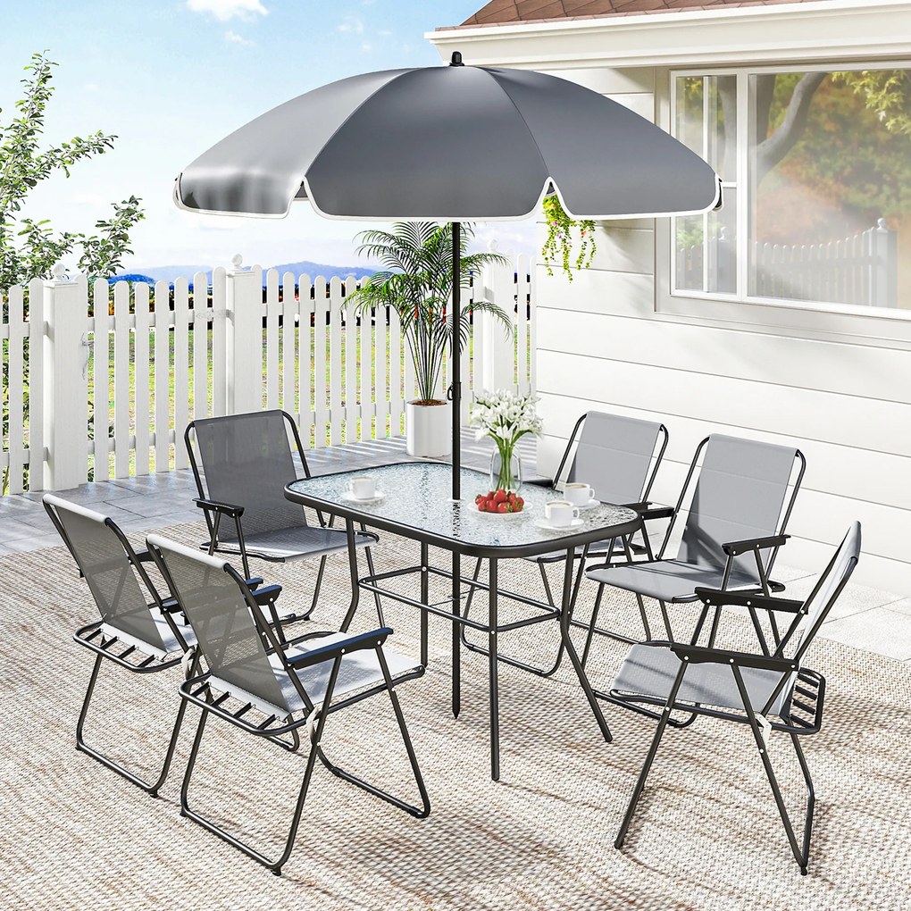 Outsunny Set de Masă de Grădină 8 Piese cu Umbrelă, Set Mobilier Grădină cu 6 Scaune Pliabile, Masă din Sticlă Temperată și Umbrelă pentru Terasă, Gri | Aosom Romania