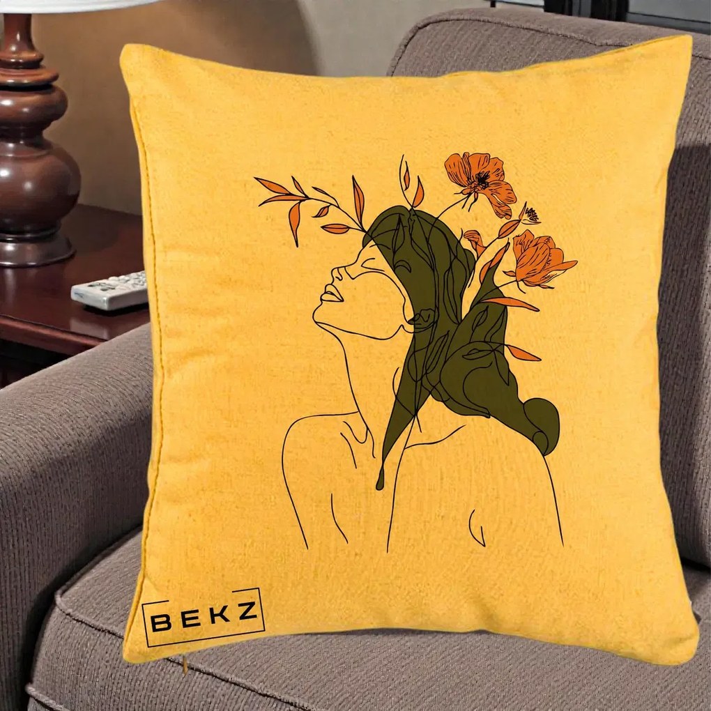 Perna Decorativa Portret Feminin Profil Flori Portocalii, 40x40 cm, Galben, Husa Detasabila, Perna Inclusa, BEKZ®