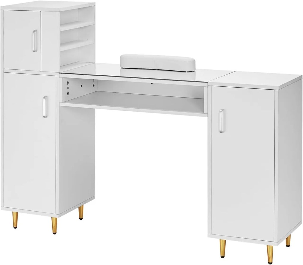 MANIA203 - Masuta manichiura, 135 cm, cu pernita, blat de sticla, masa cosmetica - Alba