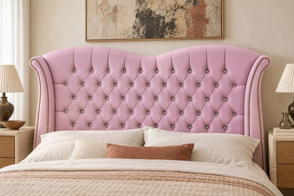 Pat tapițat Chesterfield Avella 160×200 cm, roz, cu ladă de depozitare