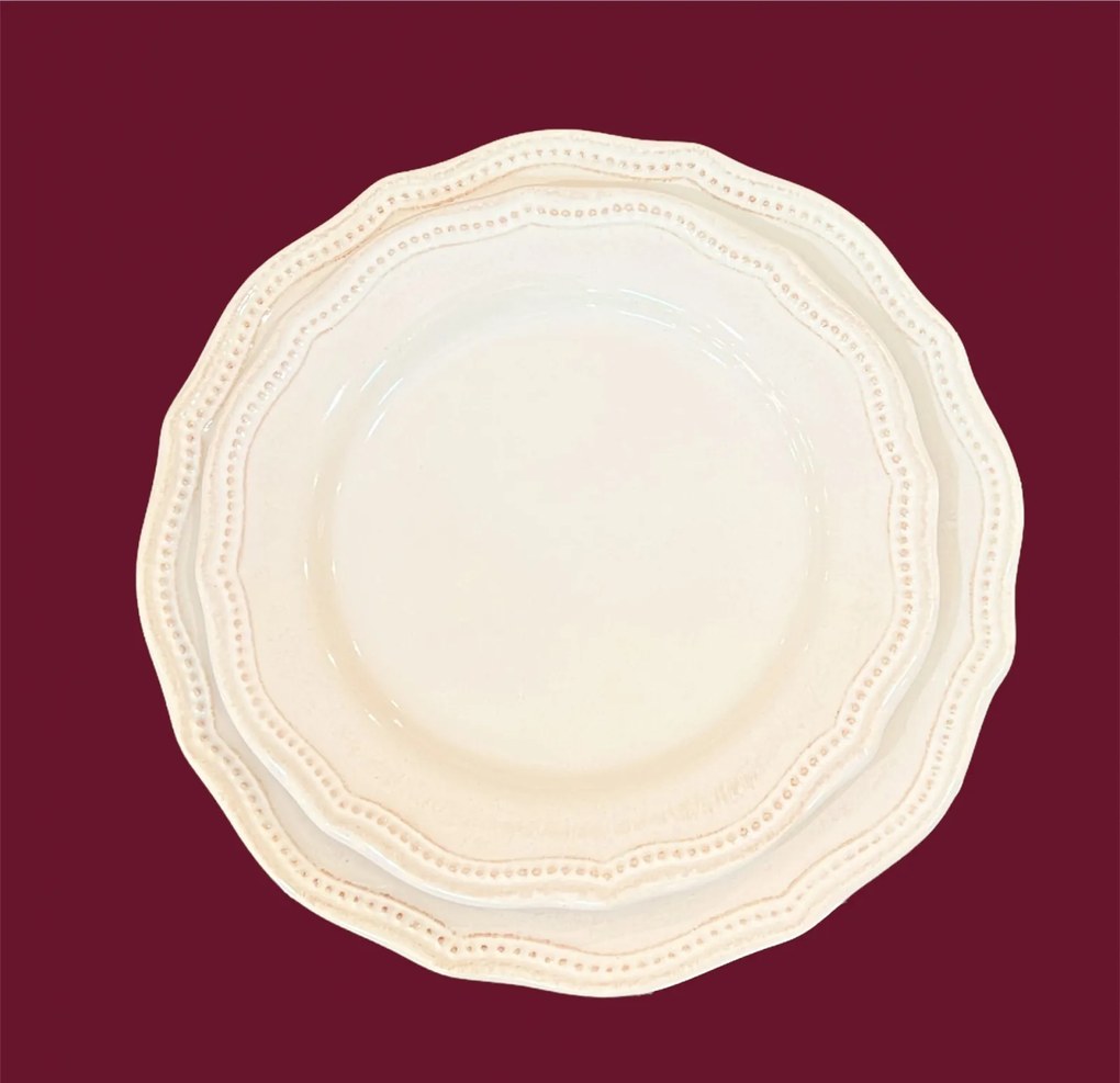 Set 24 Farfurii Mari Vintage White - (Glazurate Manual si Antichizare cu pensulare Cupru-Visiniu)