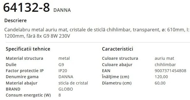 Candelabru elegant design modern Danna auriu mat/ chihlimbar