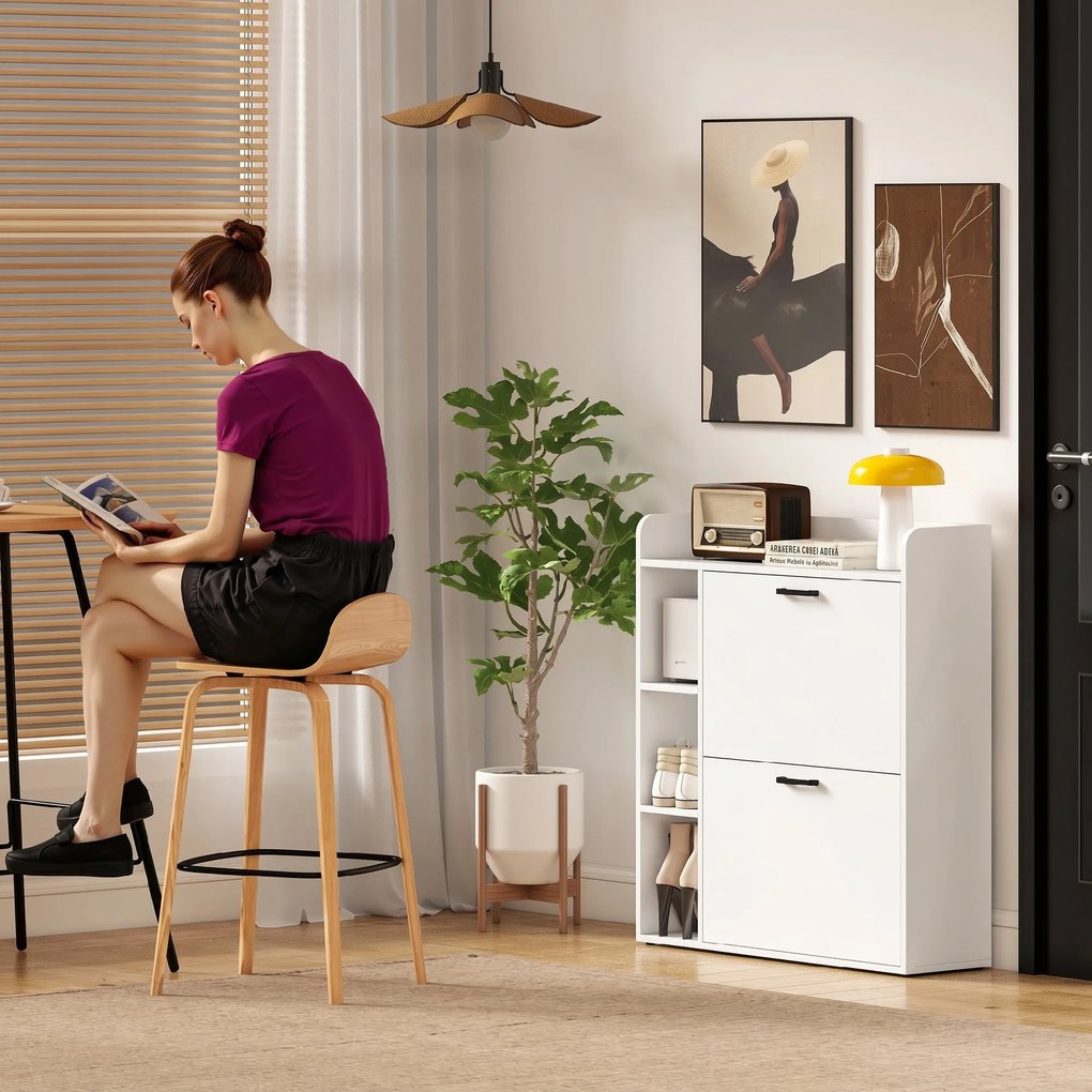 HOMCOM Dulap pentru pantofi slim cu 2 sertare rabatabile și 3 rafturi, Capacitate 15 perechi, 83x24x90.5 cm, Alb | Aosom Romania