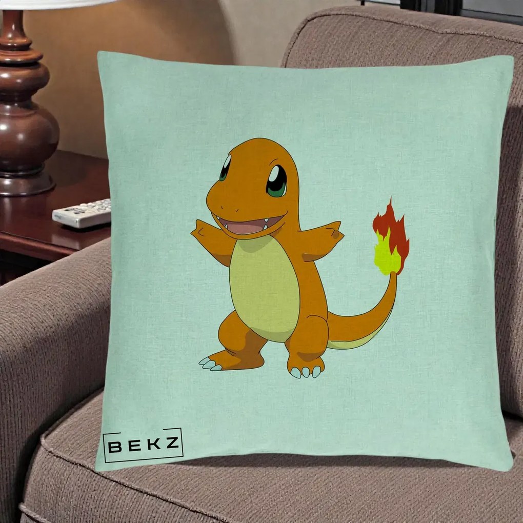 Perna Personalizata Charmander Pokemon, 40x40 cm, Verde Menta, Husa Detasabila, Perna Inclusa, BEKZ®