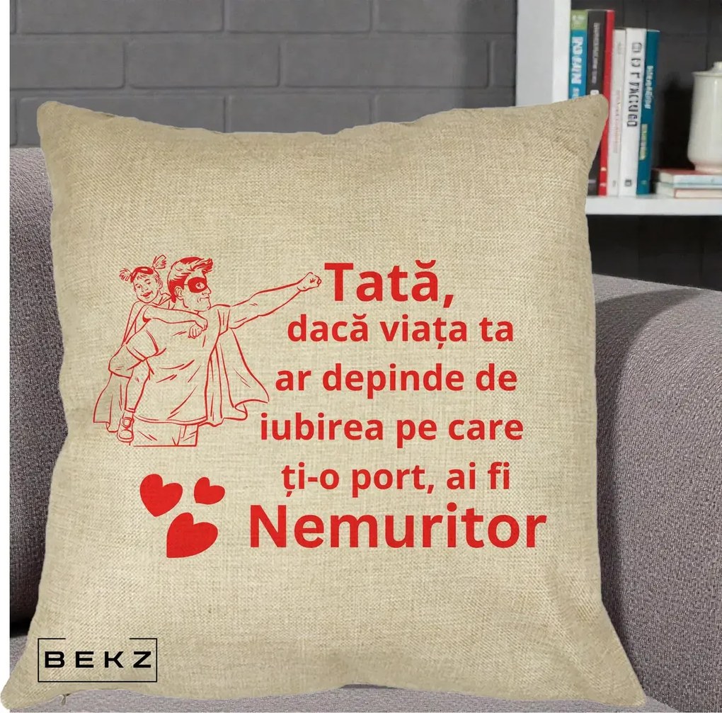 Cadou pentru Tata - Perna Personalizata Tata Nemuritor cu Fetita, 40x40 cm, Crem, Husa Detasabila, Perna Inclusa, BEKZ®