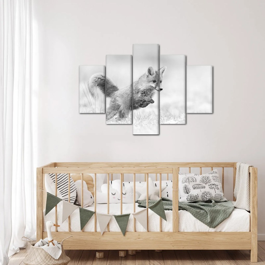 Tablou - Vulpe care sare,alb-negru (150x105 cm)