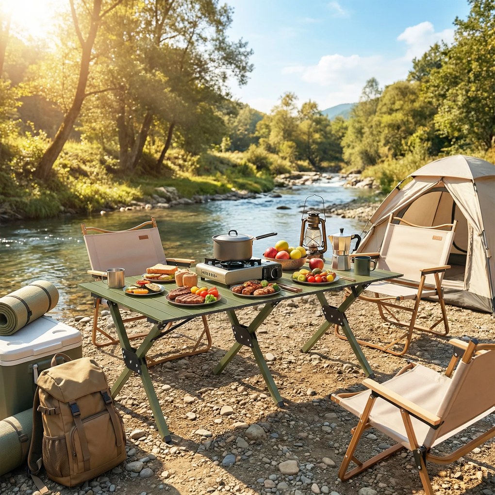 Outsunny Masă de Camping Pliabilă 116 cm, Masă de Picnic Impermeabilă cu Blat Rulabil și Cadru Metalic, Verde | Aosom Romania
