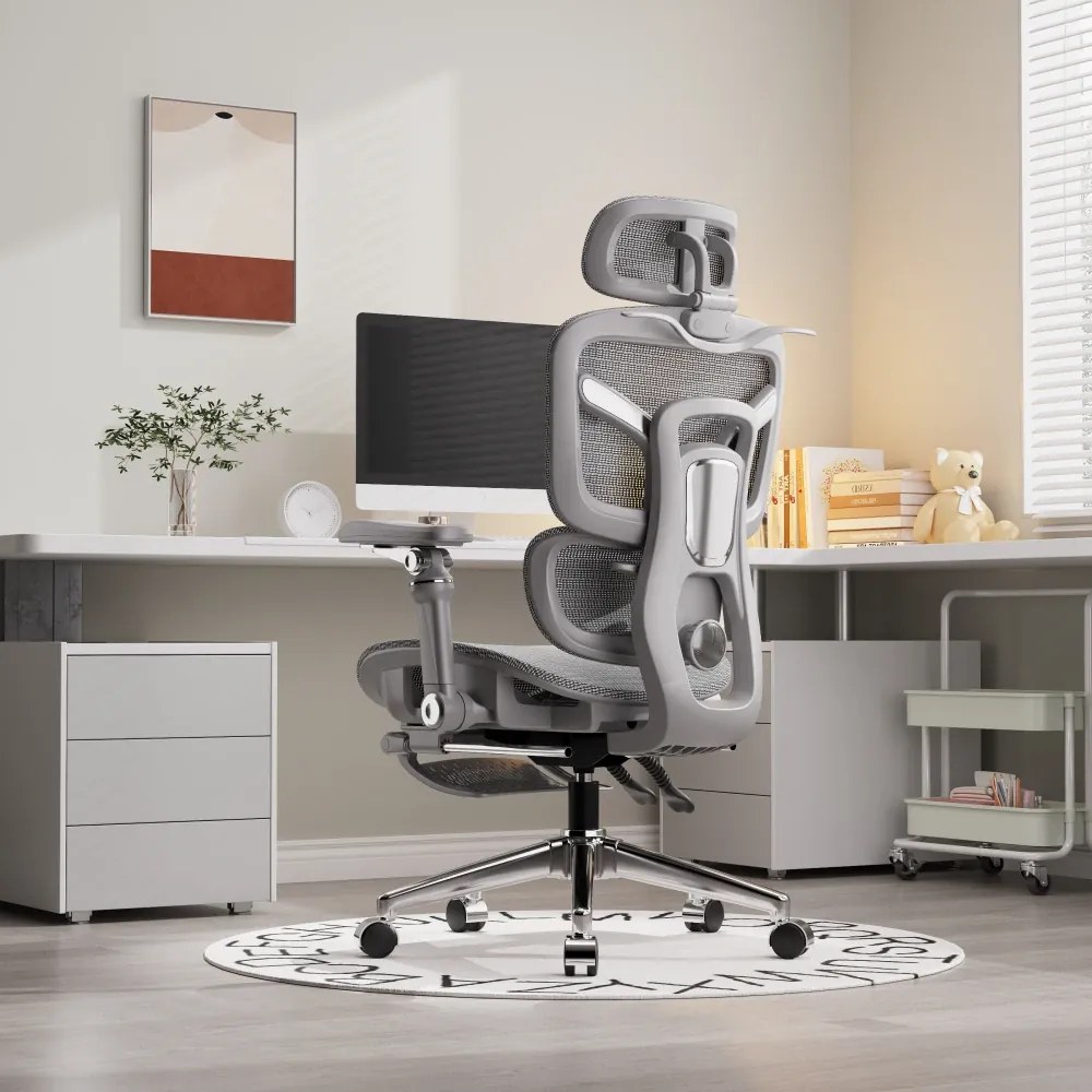 NEXORA – Scaun ergonomic, suport lombar 3D adaptiv, tetieră 4D, cotiere 9D, șezut glisant, recliner 135°, suport pentru picioare, bază metalică, Mesh, Gri