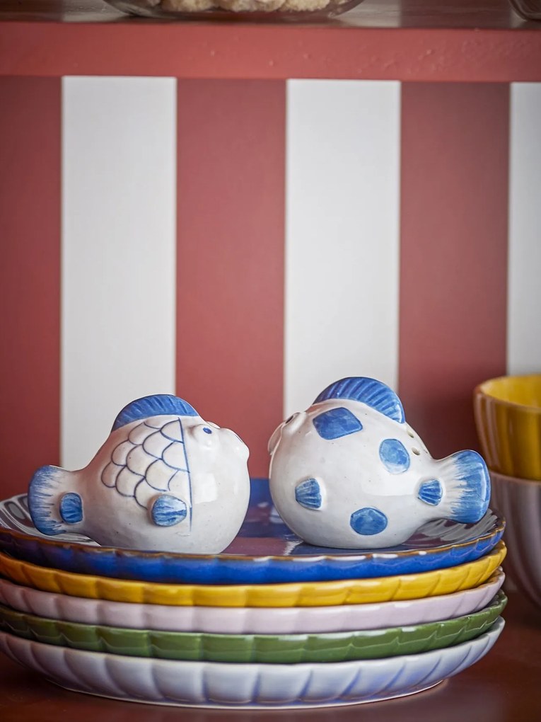 Set solniță și pipernița din ceramică albastră în formă de pești pictați manual, 9,5×6,5×9 cm, „Fugu"