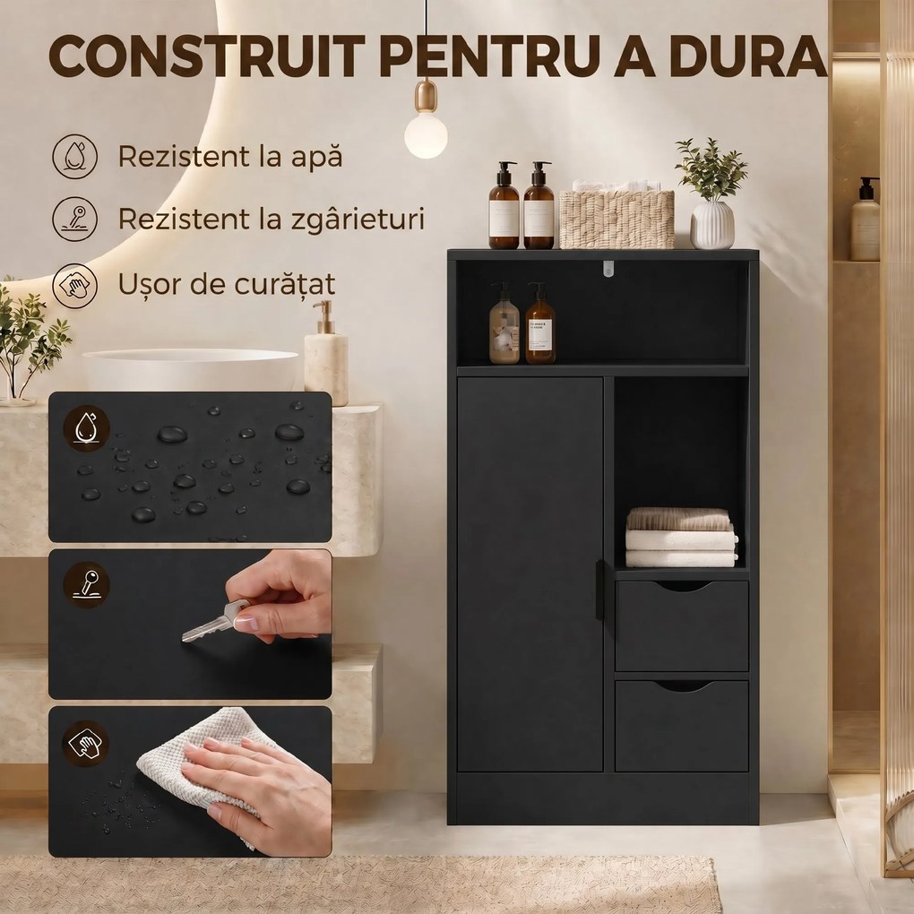 HOMCOM Dulap Baie Îngust cu 2 Sertare și Rafturi Reglabile pentru Bucătărie, Living, Hol, Negru | Aosom Romania