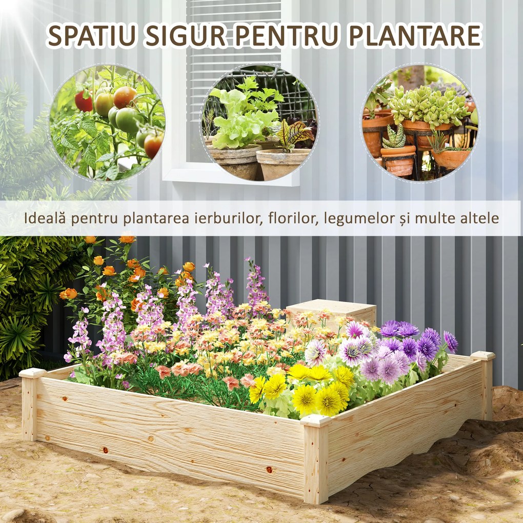Outsunny Jardinieră de Exterior cu Compostor și Bază Deschisă din Lemn de Brad, 123x123x25,5 cm, Lemn Natural | Aosom Romania