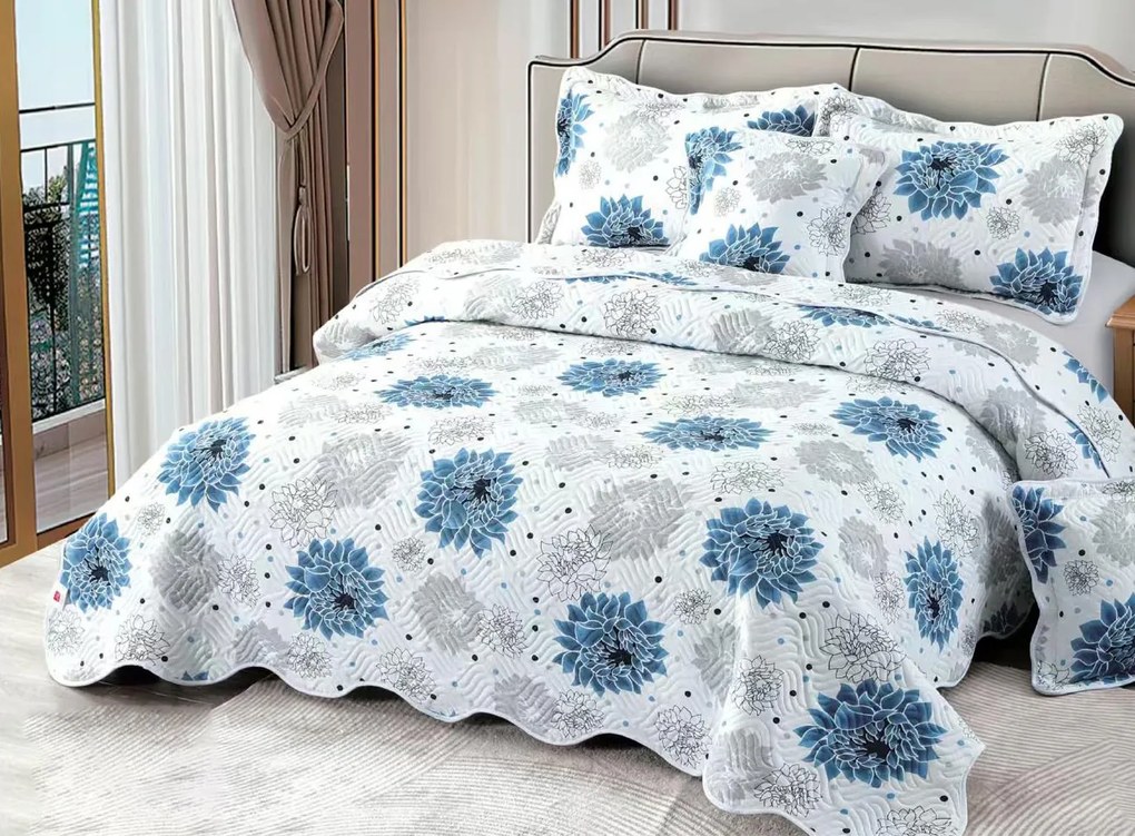Cuvertură bumbac 100%, alb cu flori albastre, 5 piese, 230x250 cm, CB326