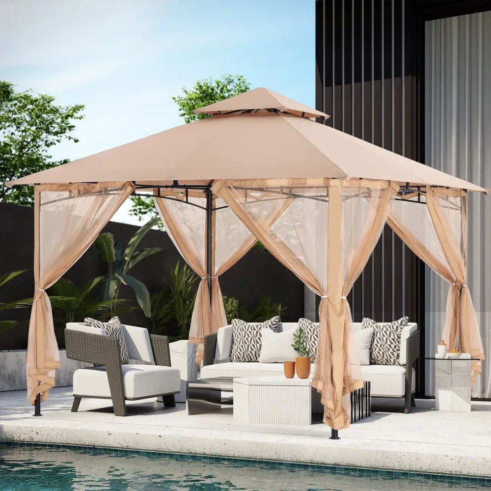 ABCCANOPY Foișor de gradina 3.3x3.3 m - Foișor exterior cu cadru din oțel și plasă de țânțari pentru gazon, curte, grădină, terasă, Kaki