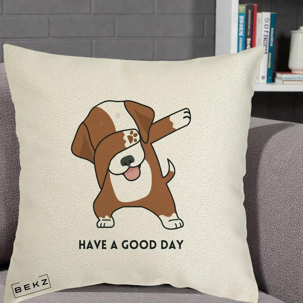 Perna Decorativa Caine Dab Have A Good Day, 40x40 cm, Ecru, Husa Detasabila, Perna Inclusa, BEKZ®