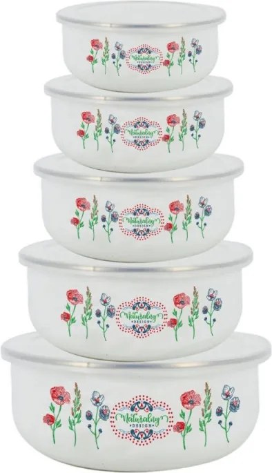 Set de 5 vase emailate cu capac pentru alimente Rosberg R51212A, Rotunde, Albe