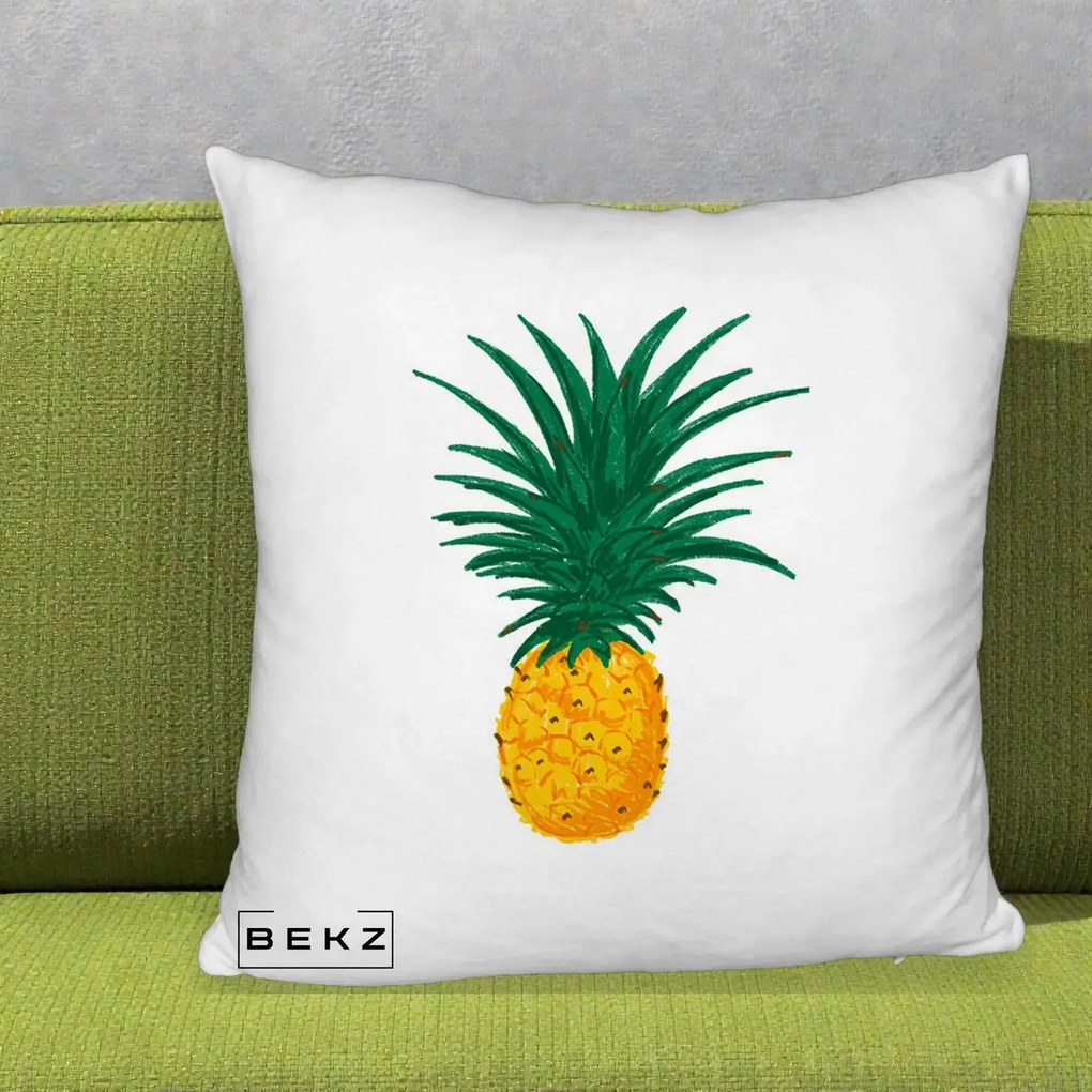 Perna Decorativa Ananas Tropical, 40x40 cm, Alb Pufos, Husa Detasabila, Perna Inclusa, BEKZ®