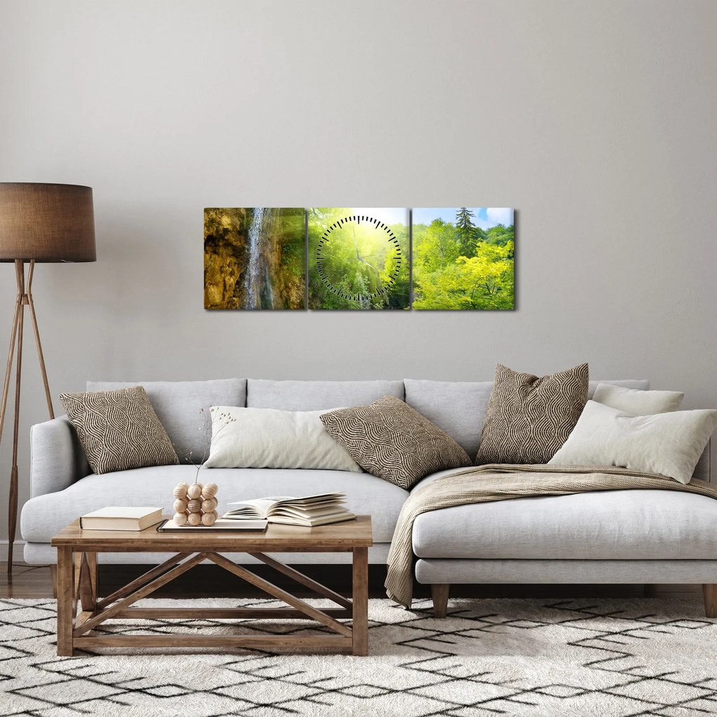 Tablou - cascadele în djunglă (cu ceas) (90x30 cm)
